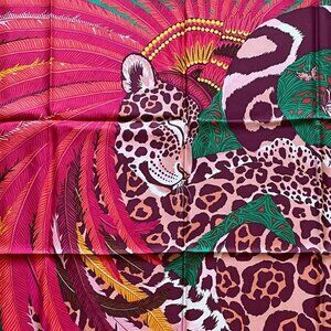 NWT Hermes 100% Silk Carre 90 Twill Fuchsia Jaguar Quetzal Scarf Shawl Wrap